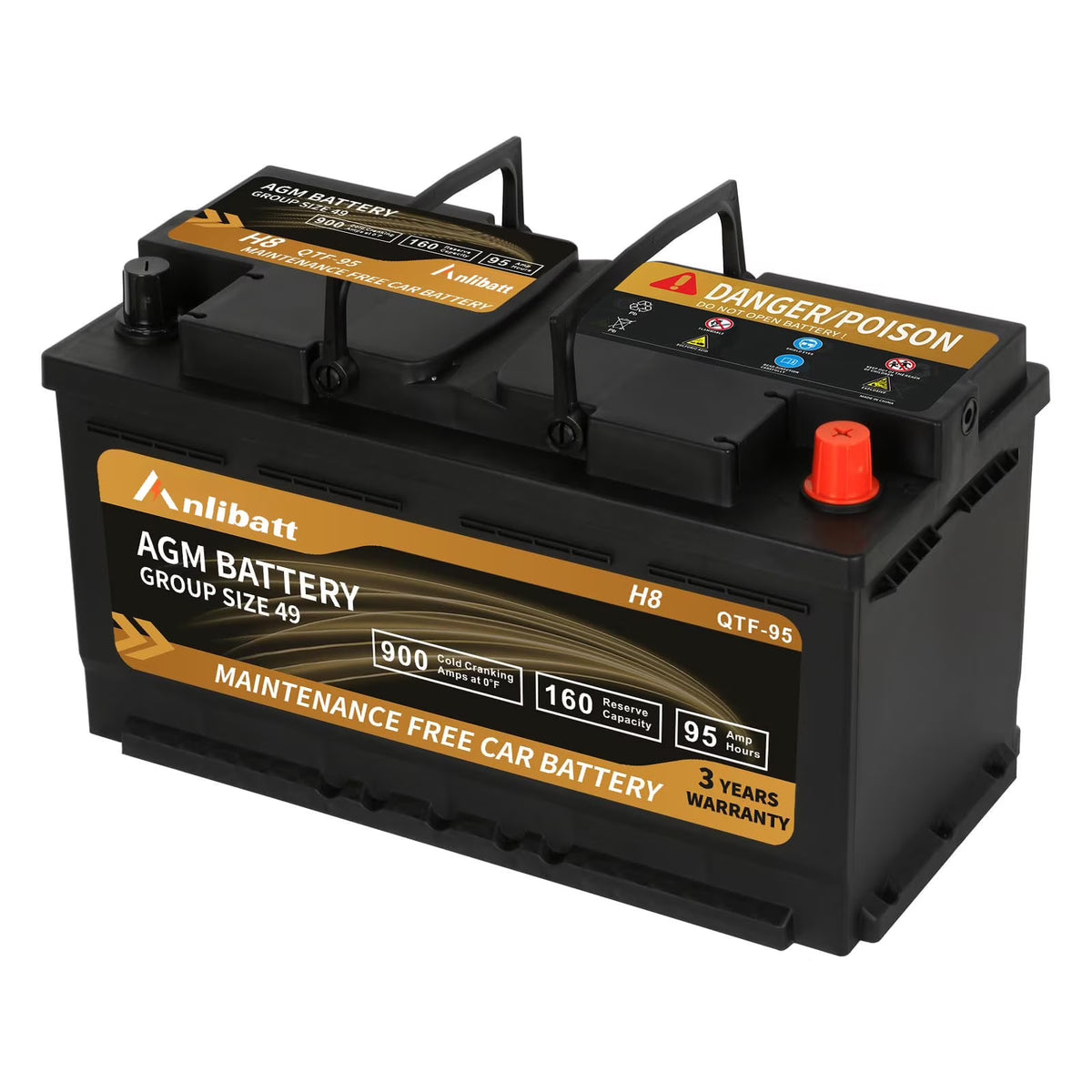 Batterie AGM Platinum Anlibatt Groupe 49, Batterie automobile rechargeable 12 volts pour voiture, H8 900CCA 95Ah 160RC