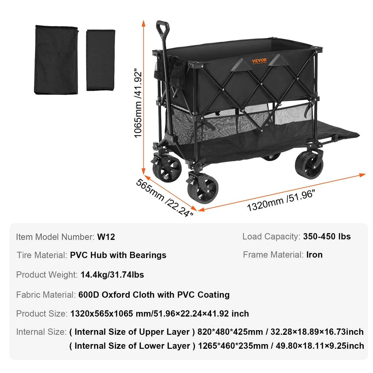 Chariot pliant à deux niveaux VEVOR, chariot pliable de 400 L avec roues tout-terrain, chariot pliant robuste d’une capacité de charge de 350 à 450 lb pour le camping, les courses et le jardin, rallonge extra-longue de 52 po