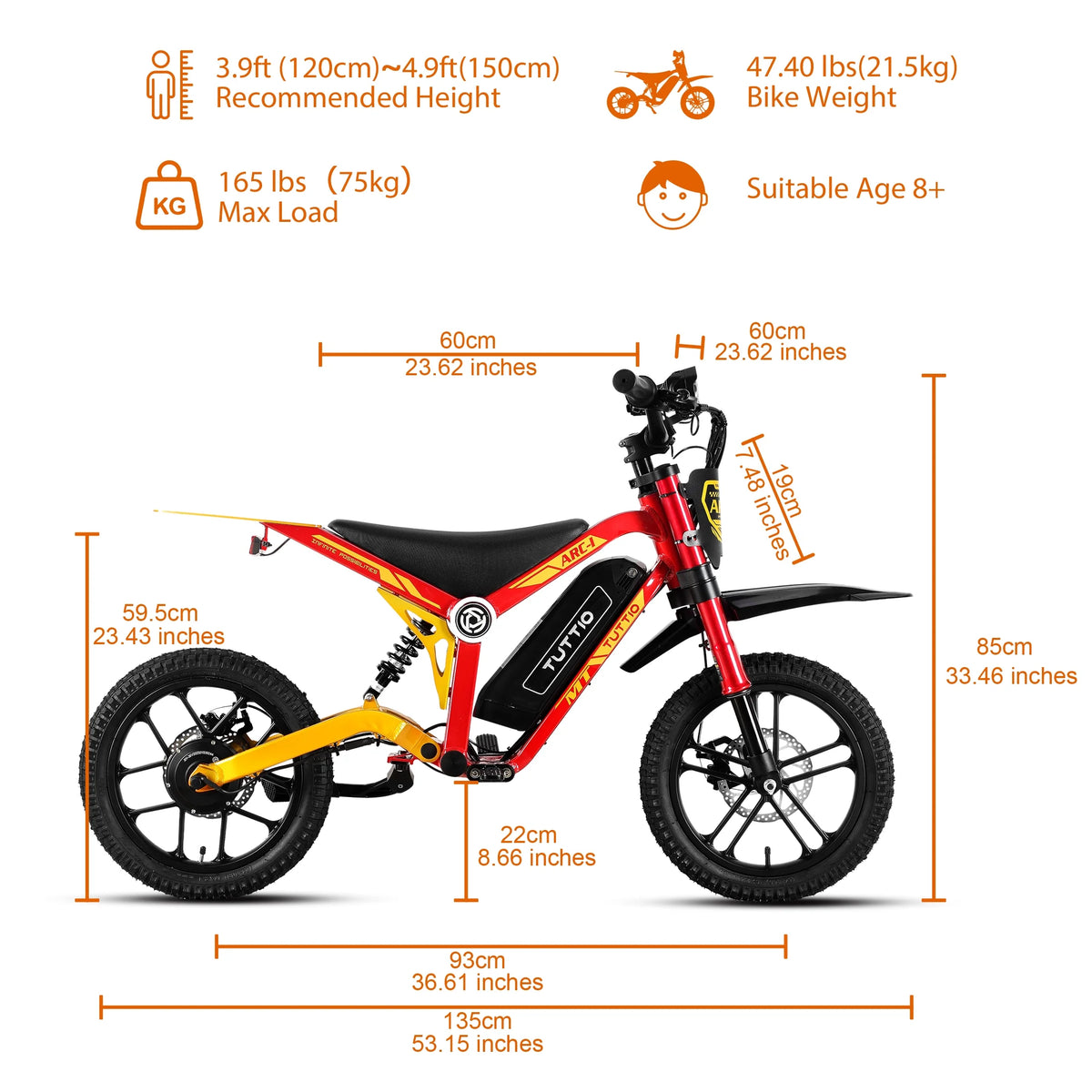 TUTTIO ARC-1 Mini moto tout-terrain électrique 750W pour enfants 8-14 ans, Moto électrique 5 modes de vitesse, 22MPH, 16 pneus, Batterie 36V, Autonomie 25 miles