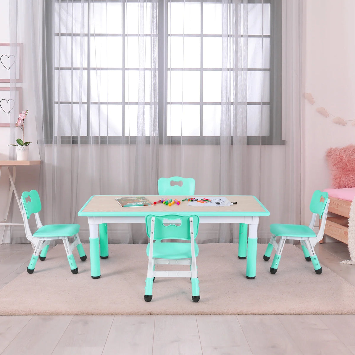 Ensemble table et 4 chaises pour enfants LAZY BUDDY, bureau réglable en hauteur pour tout-petits avec plateau graffiti, ensemble de table d’activités pour enfants pour crèche et maison