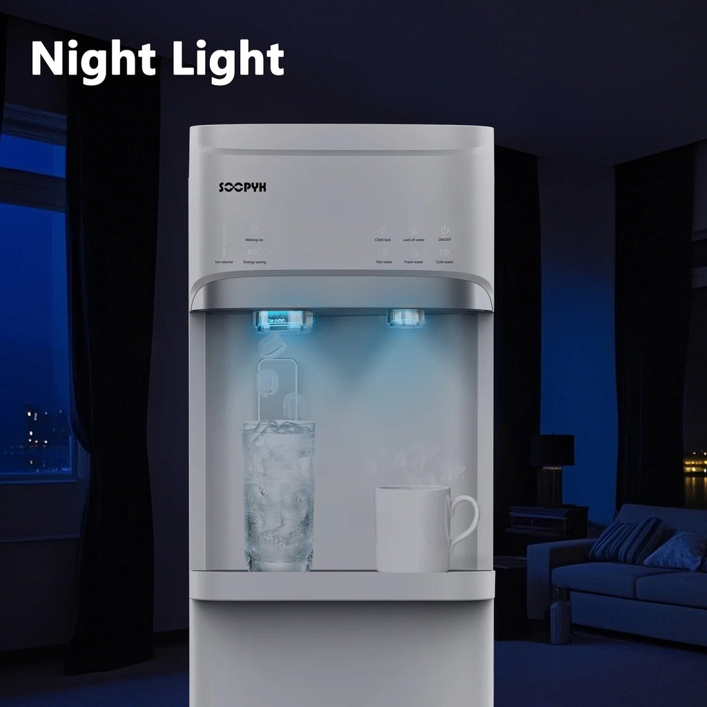 SOOPYK Distributeur d’eau chaude et froide 3-en-1 avec machine à glaçons à chargement inférieur pour bonbonne de 3 ou 5 gallons, capacité quotidienne de 22 lb, glaçons en forme de balle, noir