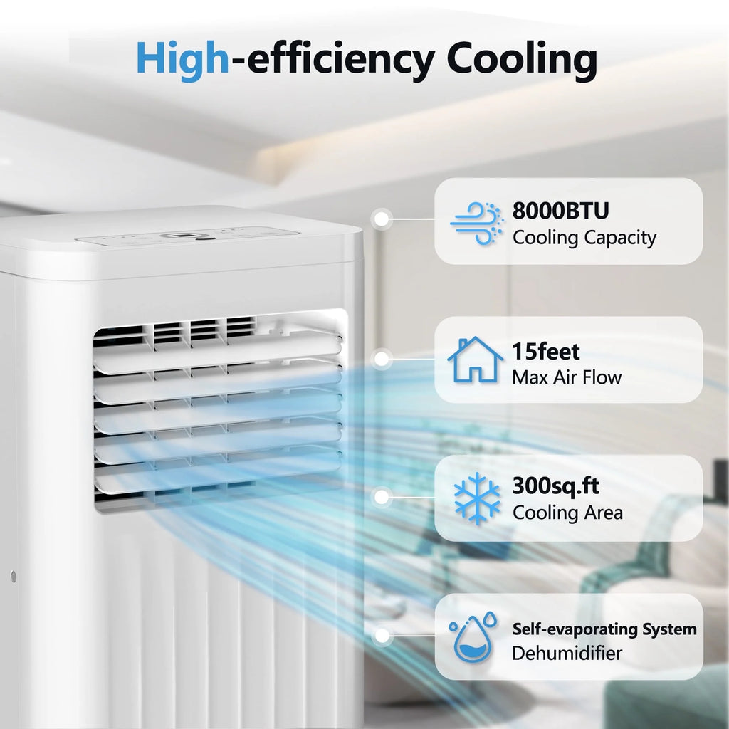 Climatiseur portable Auseo 8 000 BTU ASHRAE, pour des espaces allant jusqu’à 32,5 m², 3-en-1 avec déshumidificateur, ventilateur et mode sommeil, télécommande et minuterie 24 heures