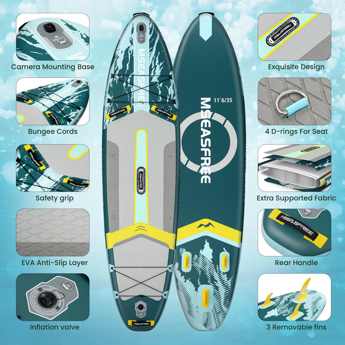 MSEASFREE Planche de Stand Up Paddle gonflable 11,5 ft Polyvalente Planche de pêche Stand up Paddle avec accessoires SUP complets