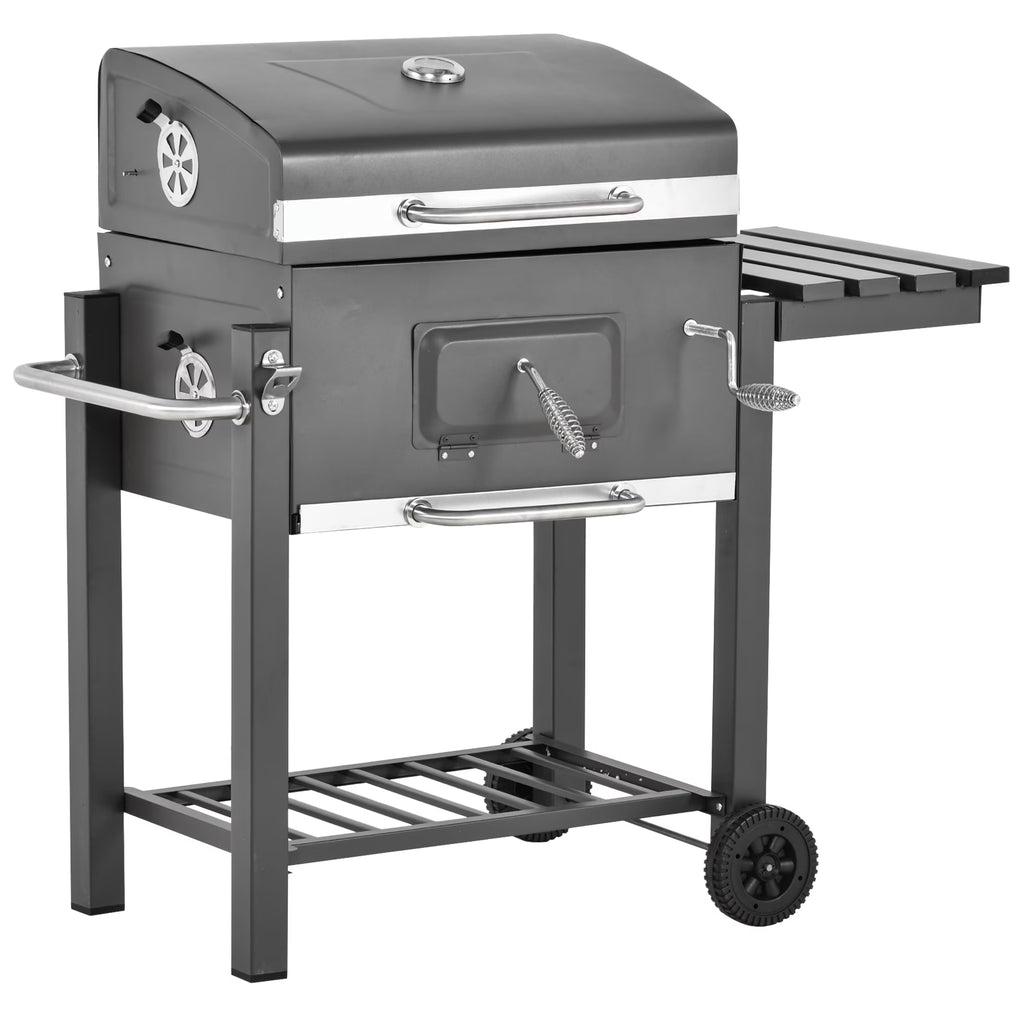 Barbecue à charbon portable Outsunny, en acier inoxydable, avec thermomètre et brûleur latéral, gris