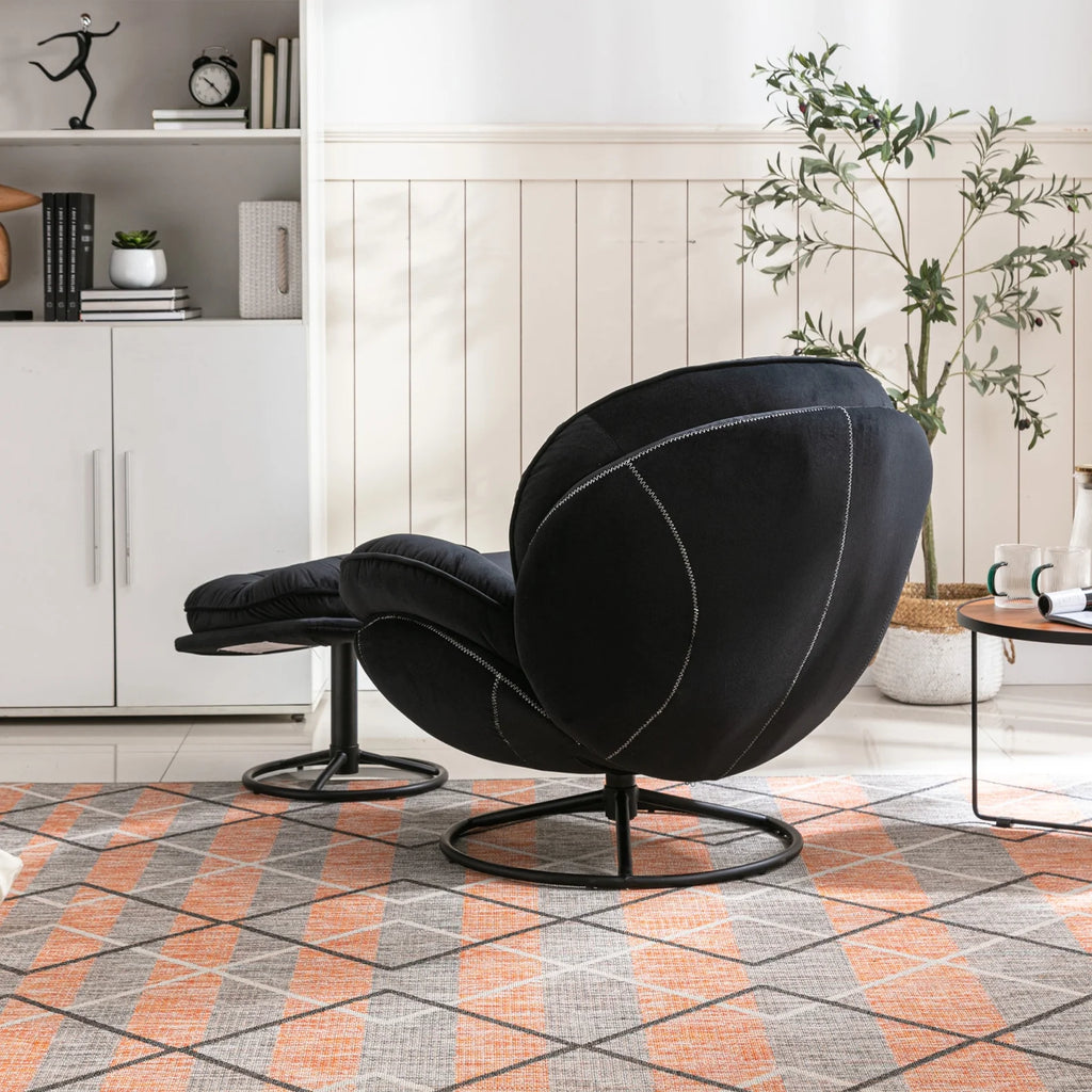 Fauteuil d'appoint pivotant en velours avec pouf, fauteuil méridienne moderne avec structure en métal et repose-pieds, fauteuil confortable pour la lecture, salon, chambre, bureau, bleu