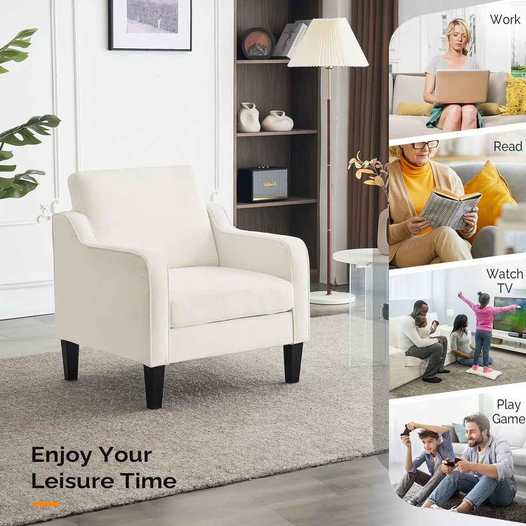 Fauteuil confortable en chenille VINGLI Mid-Century Modern, Blanc crème