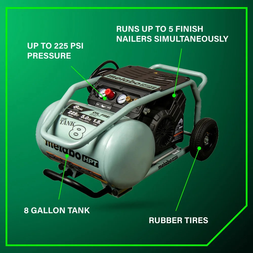 Compresseur d’air Metabo HPT, THE TANK, compresseur d’air sur chariot de 8 gallons, 225 PSI, polyvalent pour les cloueuses de charpente, de bardage, de finition ou de toiture, mobilité facile grâce aux pneus en caoutchouc, EC1315S