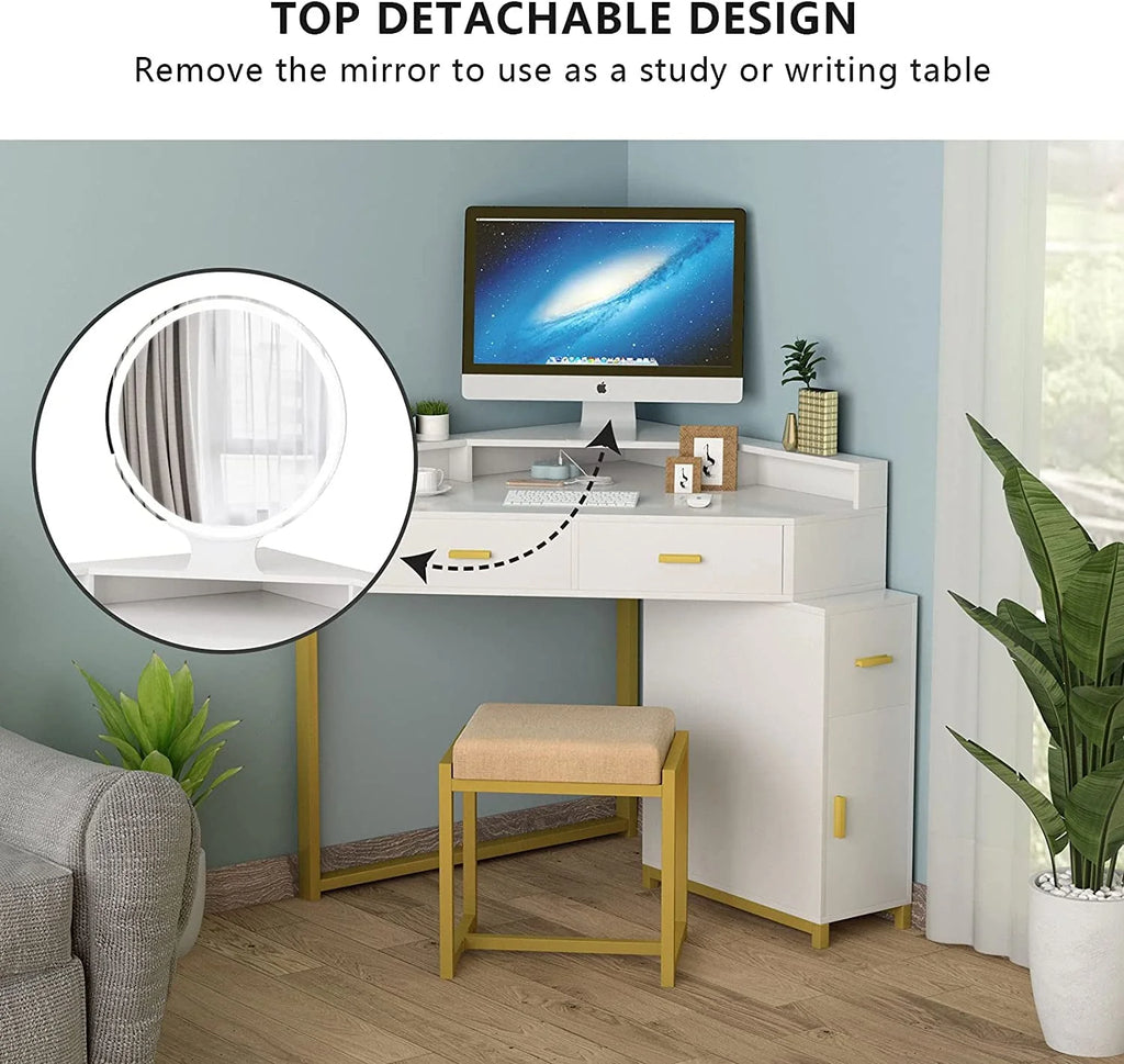 Coiffeuse d’angle avec miroir lumineux, table de maquillage avec tiroirs, meuble et tabouret rembourré, coiffeuse pour fille pour salle de bain ou chambre, blanche, par TZUTOGETHER
