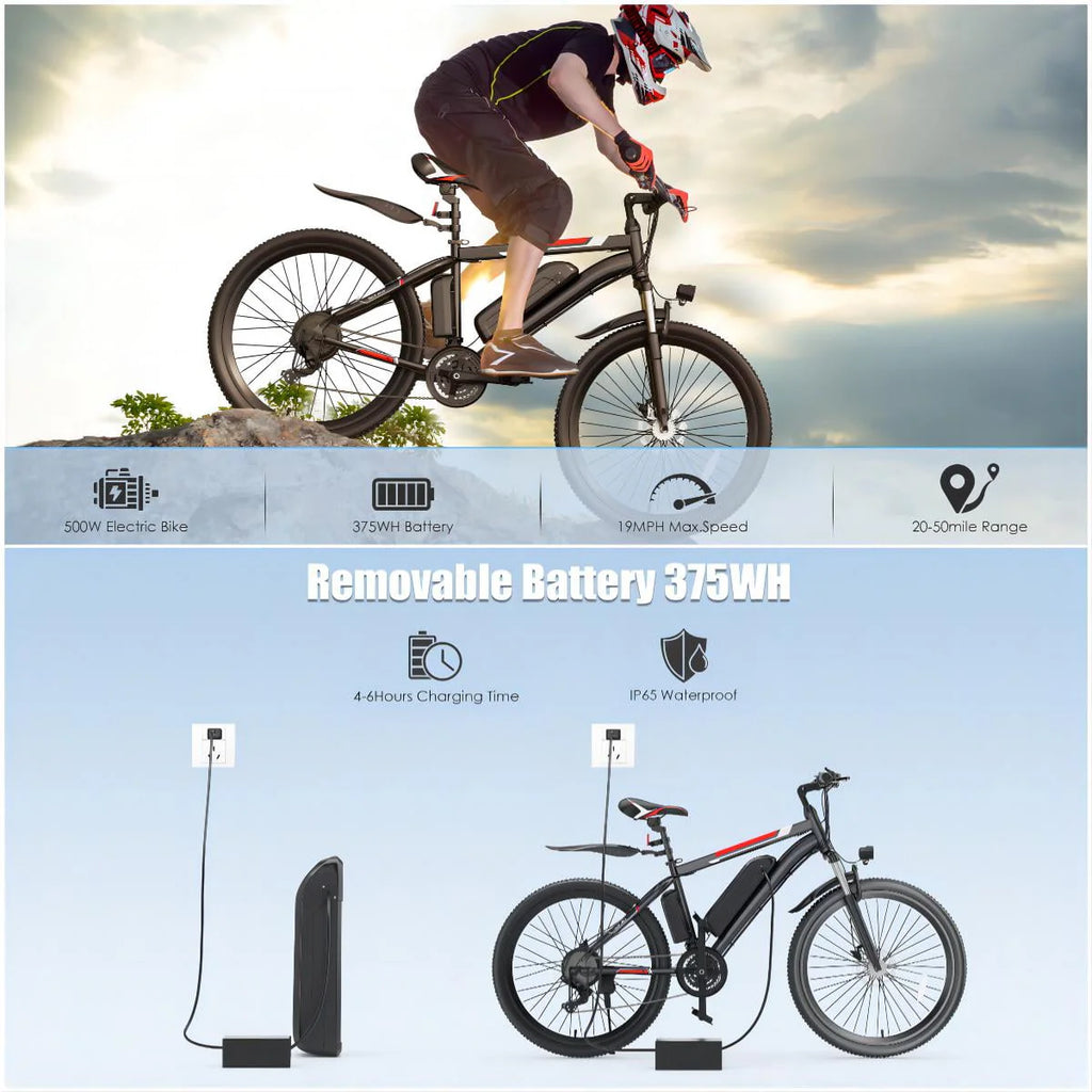 Vélo électrique Elifine 500W pour adultes, vélo électrique tout-terrain 26 avec 5 modes de conduite, batterie 48V 7,8Ah, Shimano 21 vitesses & 19,8 mph vélo électrique urbain en alliage d'aluminium jusqu'à 50 miles