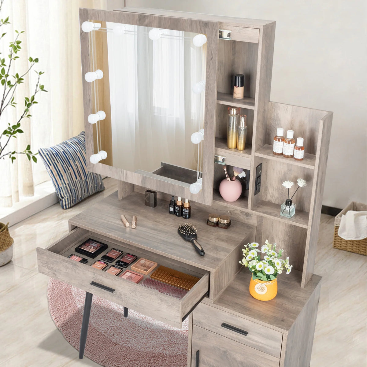 Coiffeuse Ktaxon avec miroir éclairé à 3 couleurs & station de charge, table de maquillage avec 3 étagères de rangement & tiroirs, bureau de toilette avec tabouret, gris rétro