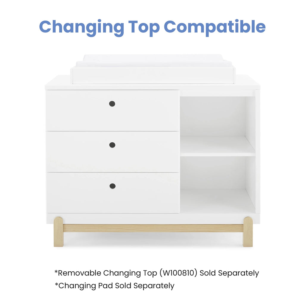 Commode Delta Children Poppy à 3 tiroirs avec casiers et tiroirs emboîtables, Blanc Bianca/Naturel