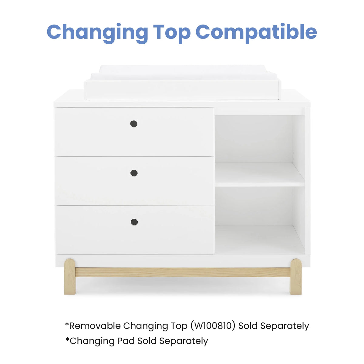 Commode Delta Children Poppy à 3 tiroirs avec casiers et tiroirs emboîtables, Blanc Bianca/Naturel