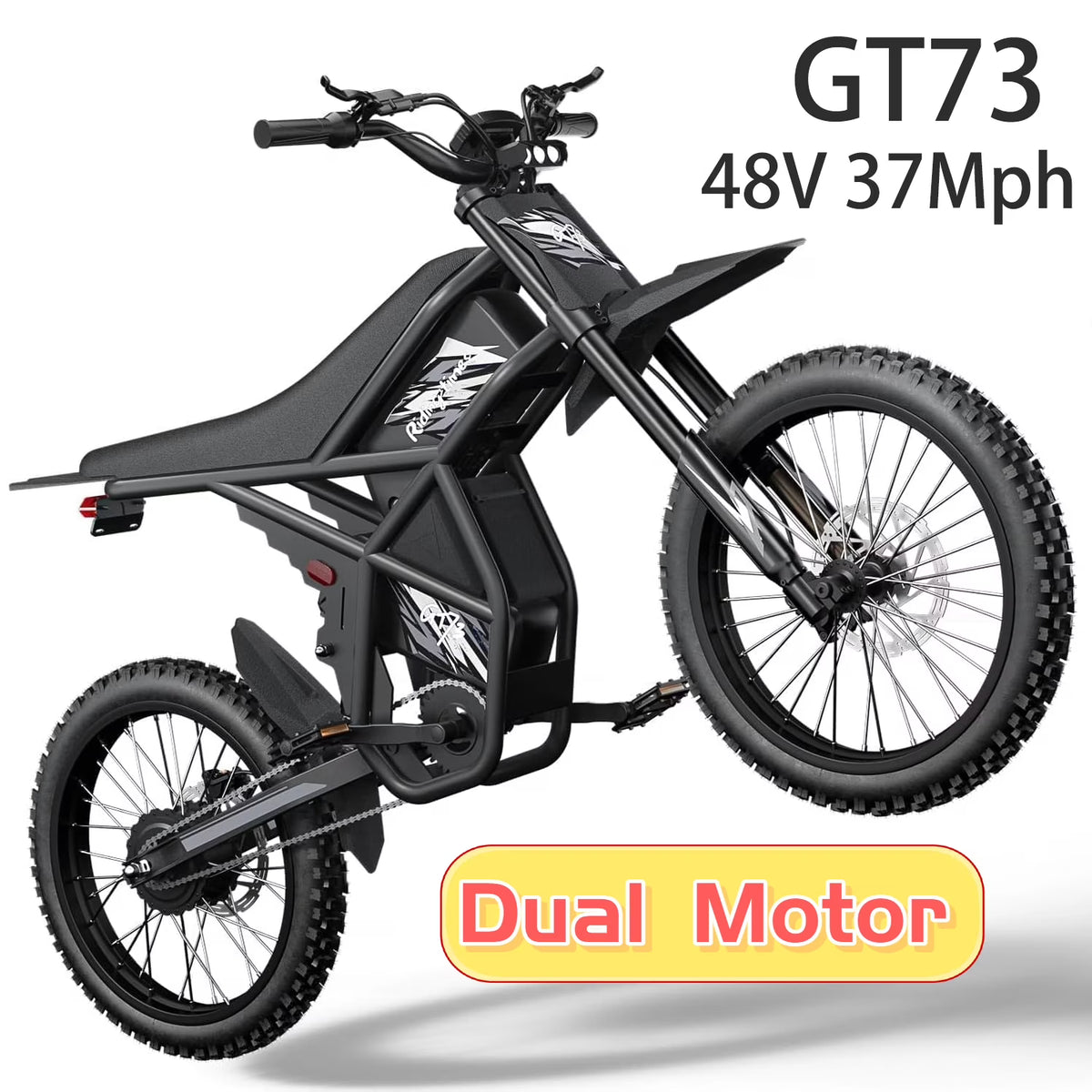 Riding'times GT73 Moto tout-terrain électrique pour adultes, 37 MPH 48V36.4AH 2400W 1747Wh Vélo électrique à double batterie, Autonomie de 85+ miles, Pneu de moto 25 Certifié UL2849, Suspension intégrale