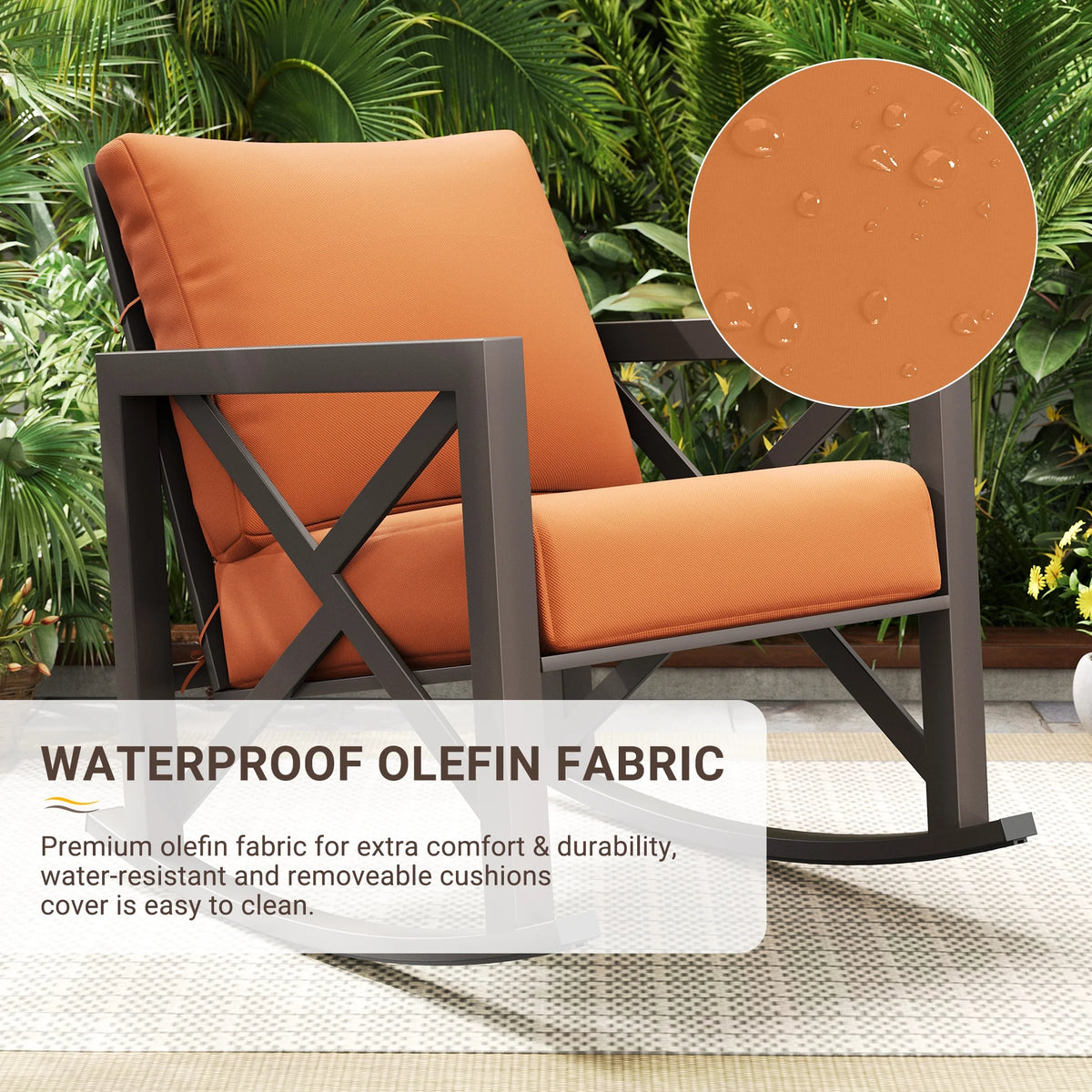 Ensemble de bistrot MRUAKA avec chaises à bascule, ensemble de mobilier de patio extérieur 3 pièces avec 2 chaises à bascule et 1 table basse en métal avec coussins épais pour porche, cour arrière, bord de piscine, beige