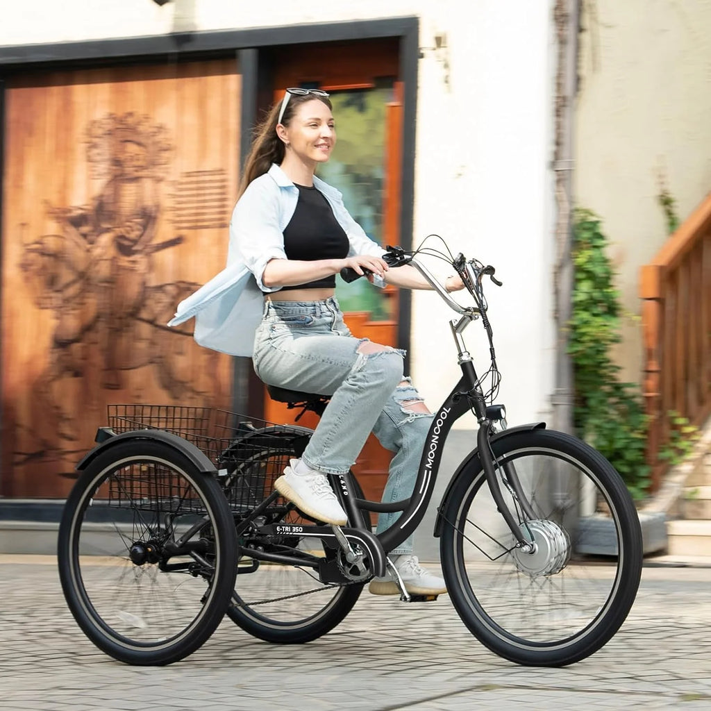 Tricycles électriques ABORON 24 26, batterie au lithium 36 V 10 Ah 350 W, triporteur électrique 7 vitesses pour adultes avec grand panier arrière et siège réglable