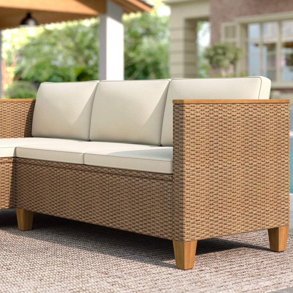 Ensemble de salon de jardin 3 pièces MF Studio, canapé d’angle modulable en résine tressée toutes saisons avec table et coussins, beige