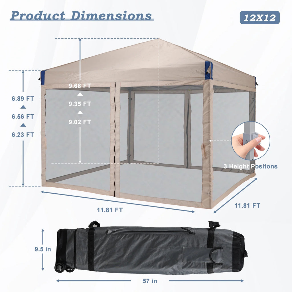Aoodor Chapiteau Pop-Up 12'x12' avec Murs Latéraux Amovibles en Maille, Tente Abri Instantanée Portable d'Extérieur-Noir