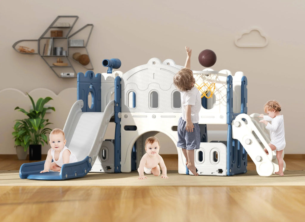 KORIMEFA Ensemble toboggan 8 en 1 pour enfants avec structure d’escalade, toboggan d’escalade pour tout-petits avec panier de basket, tunnel, aire de jeux extérieure et intérieure pour tout-petits, toboggan d’escalade, dès 1 an