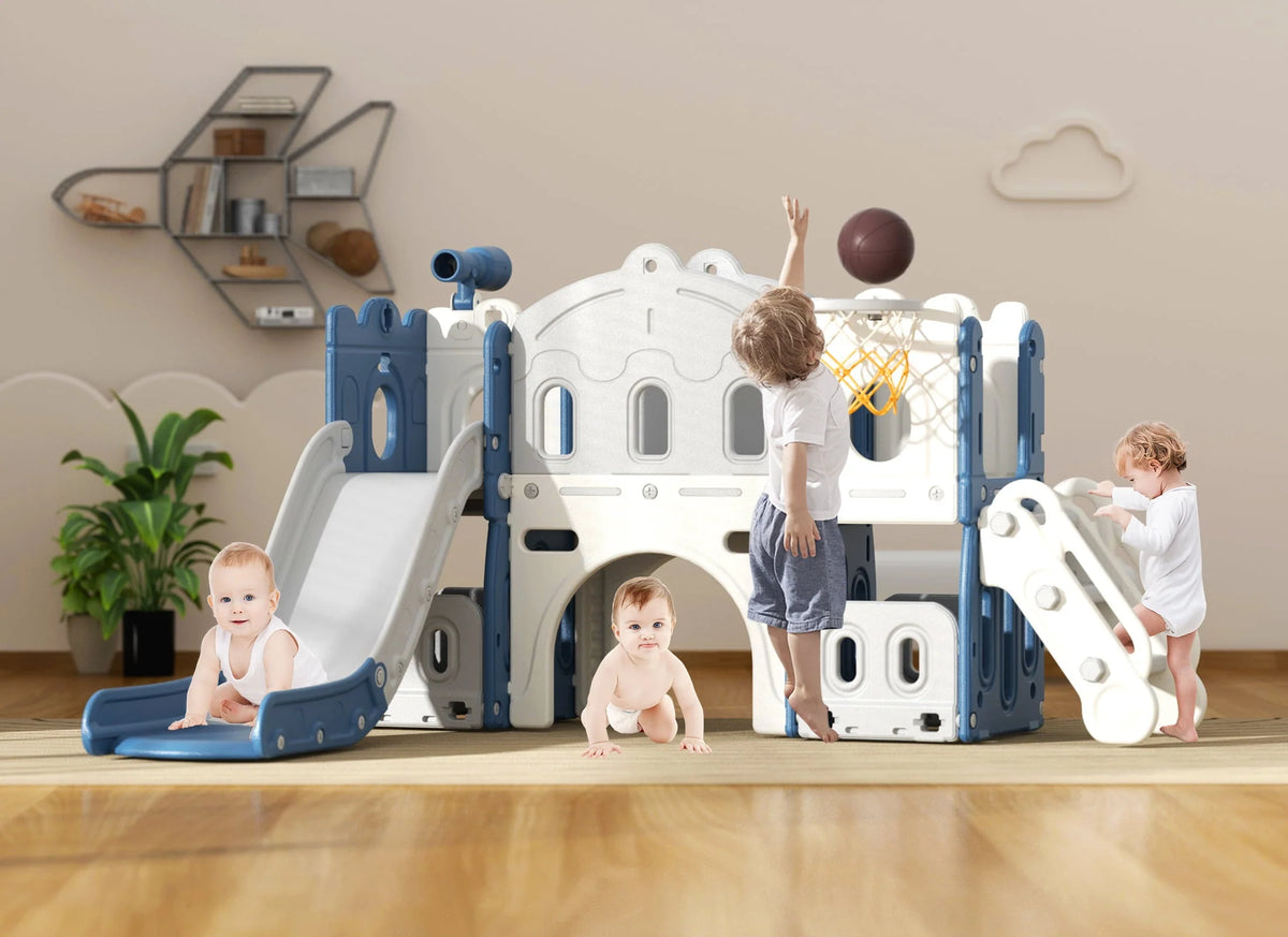 KORIMEFA Ensemble toboggan 8 en 1 pour enfants avec structure d’escalade, toboggan d’escalade pour tout-petits avec panier de basket, tunnel, aire de jeux extérieure et intérieure pour tout-petits, toboggan d’escalade, dès 1 an