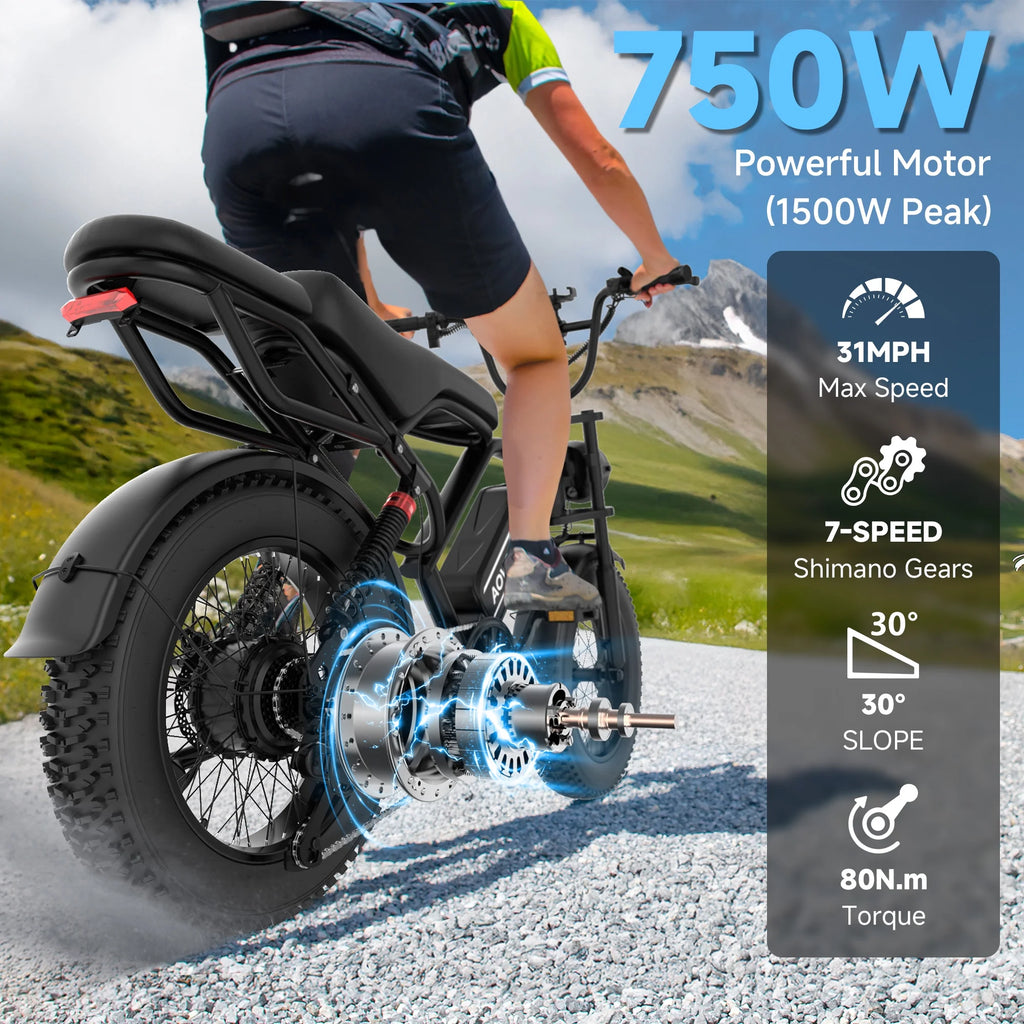 Vélo électrique AOVOPRO AP20 pour adultes, pneus larges 20 x 4,0, vélo tout-terrain 750 W, VTT électrique 48 V 15,6 Ah UL2849