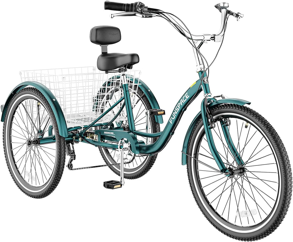 Tricycles pour adultes MOONCOOL avec panier arrière et pompe à pied, vélos à 3 roues 7 vitesses de 24 et 26 pouces, vélo à trois roues pour adultes avec dossier pour seniors, femmes et hommes