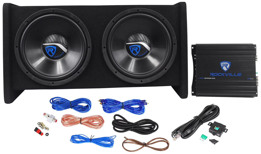 Rockville RV12.2B Enceinte double caisson de basses 12 pouces 1200w+Amplificateur mono+Kit d'amplification