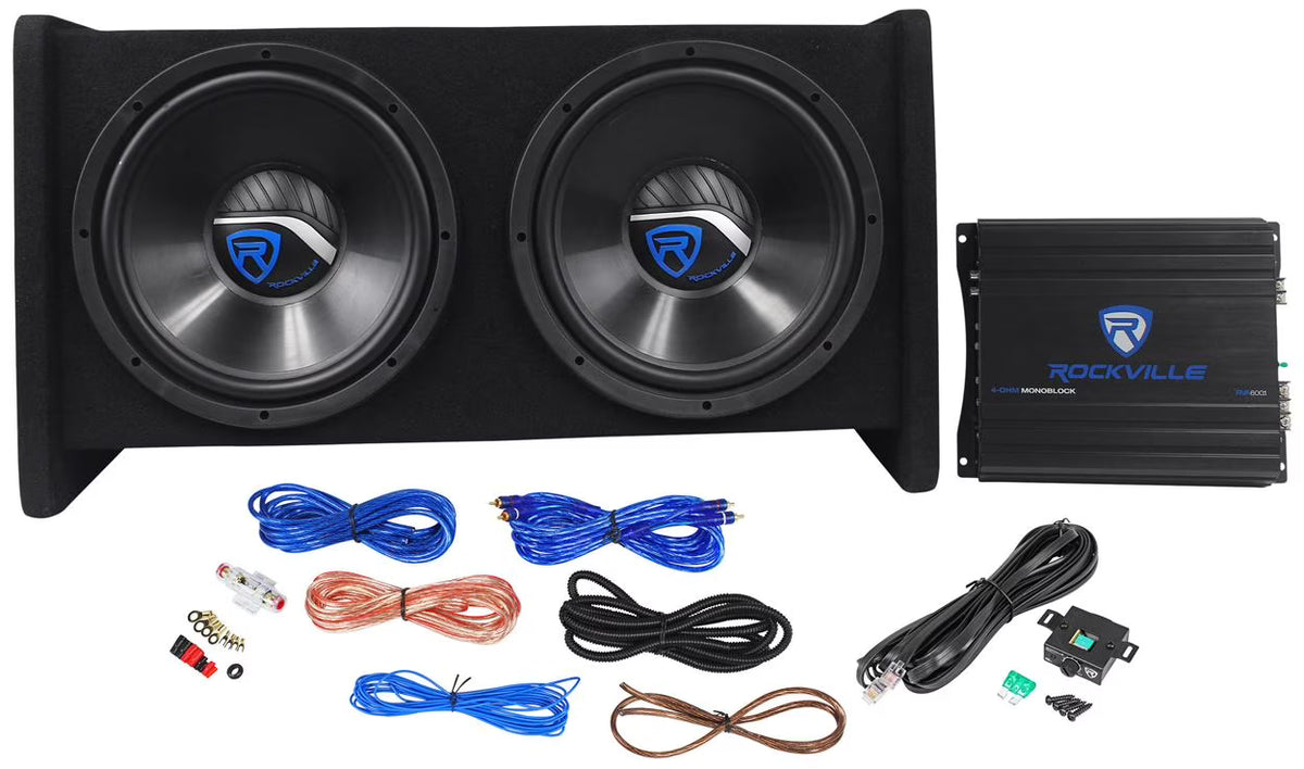 Rockville RV12.2B Enceinte double caisson de basses 12 pouces 1200w+Amplificateur mono+Kit d'amplification