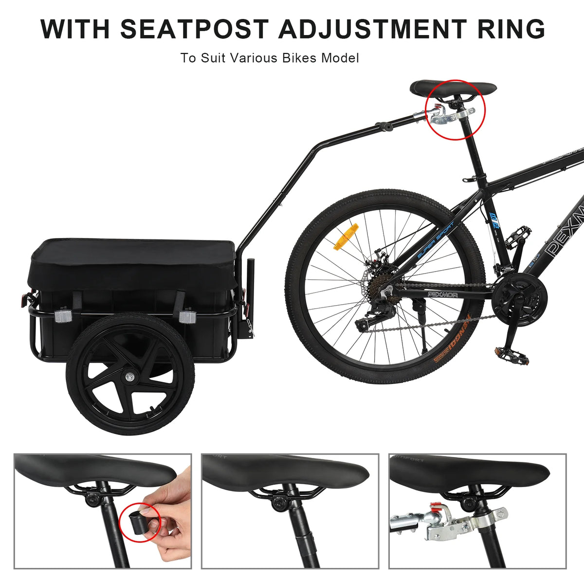 Remorque cargo pour vélo PEXMOR, remorque chariot pour vélo avec attelage universel et housse imperméable