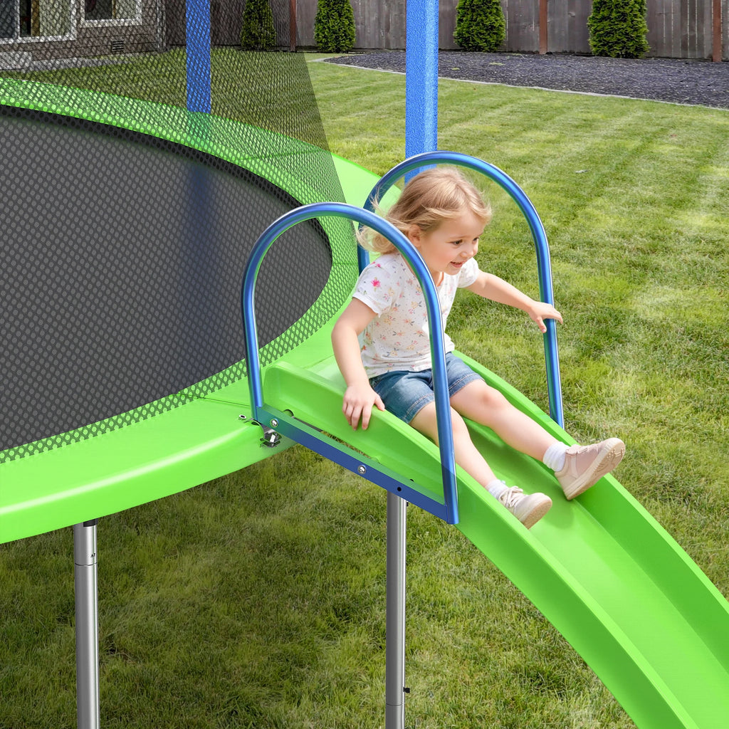 Trampoline de 12 pieds avec toboggan, balançoires, trampoline récréatif SEGMART avec panier de basket et échelle, trampoline d’extérieur robuste pour jardin avec filet pour enfants et adultes, vert