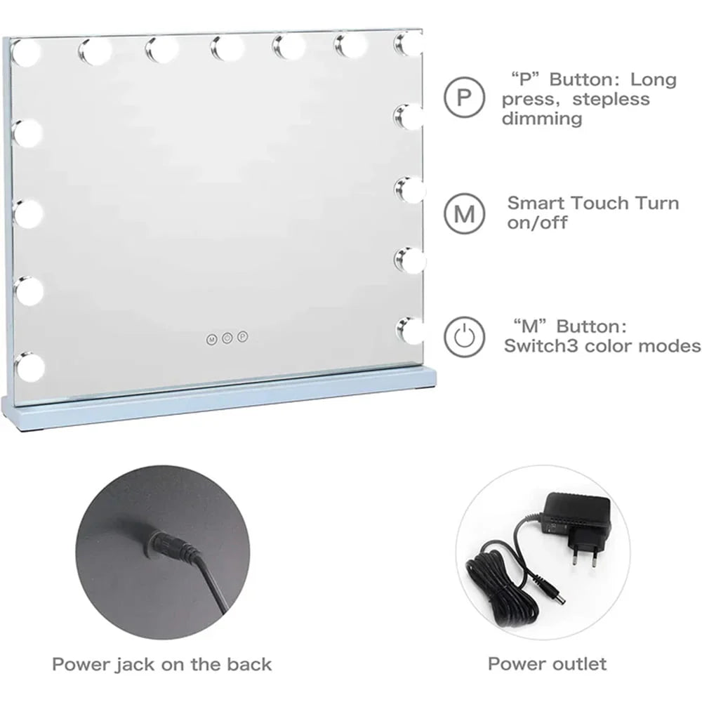COOLJEEN Grand miroir de courtoisie Hollywood avec éclairage, fixation murale ou sur table, métal blanc