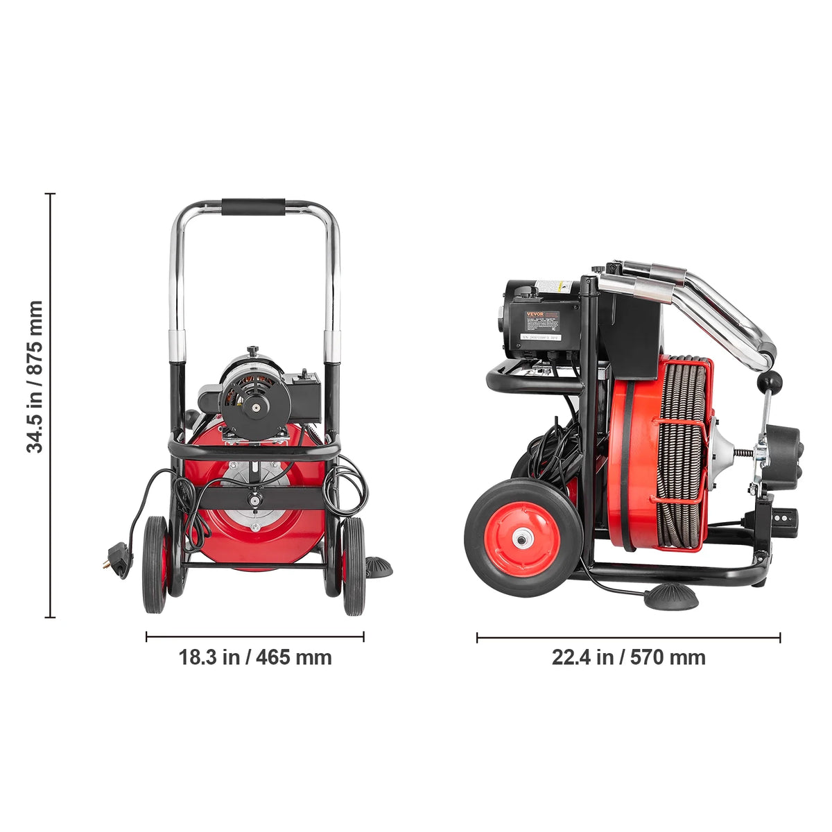 Déboucheur de canalisations VEVOR 30,5 m x 1/2 pouce, furet de canalisation automatique sur roulettes, machine portable de 550 W avec 8 coupe-racines et pédale de commande à air pour 2 à 4 canalisations