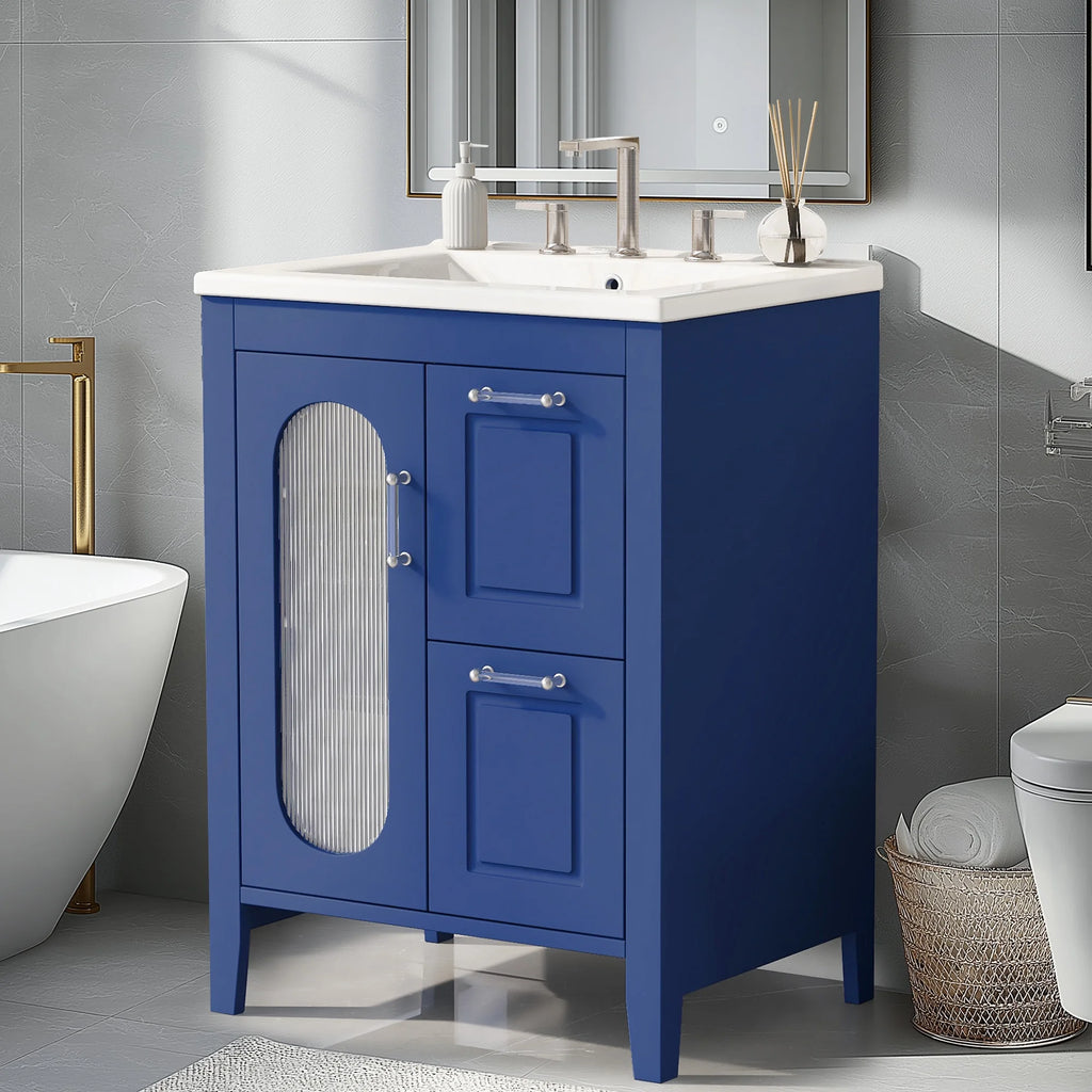 Meuble-lavabo Soges 24 avec vasque en céramique, meuble de toilette en bois massif avec porte, étagère réglable et 2 tiroirs, ensemble lavabo simple autoportant pour petite salle de bains, blanc