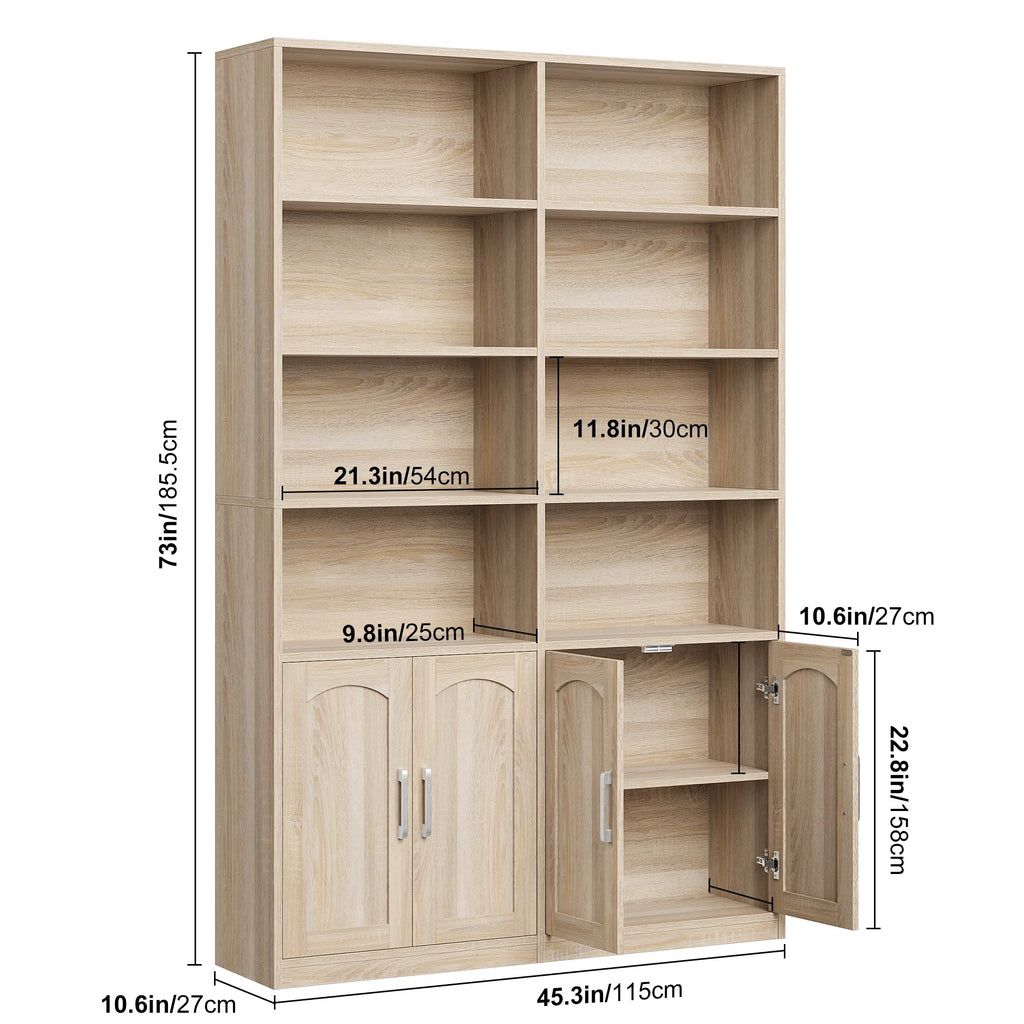 Bibliothèque haute Homfa 73 avec portes, 8 compartiments, 6 niveaux, double rangée, blanche, pour salon et bureau à domicile
