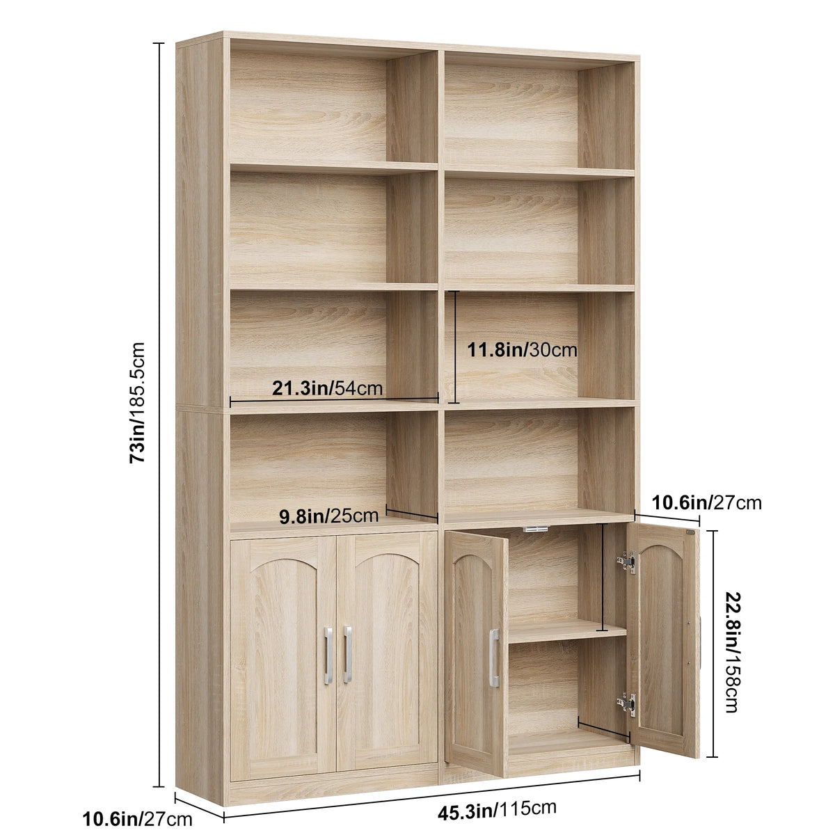 Bibliothèque haute Homfa 73 avec portes, 8 compartiments, 6 niveaux, double rangée, blanche, pour salon et bureau à domicile