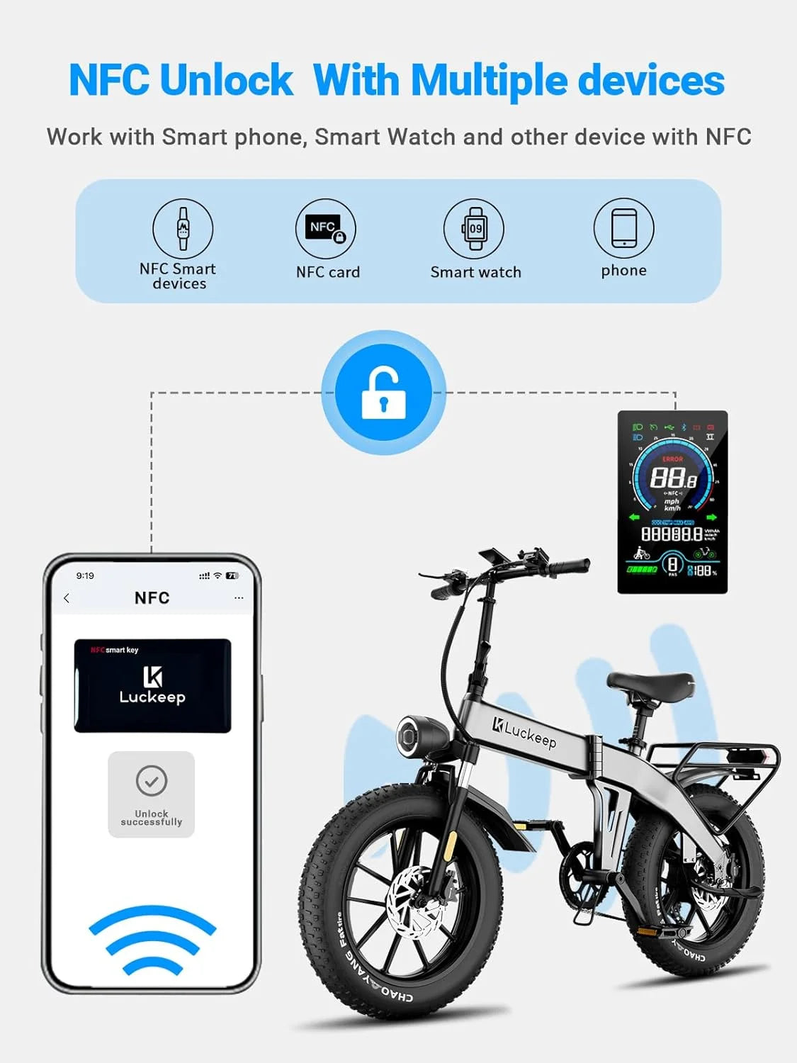 Vélo électrique pliable Luckeep X1 Lite pour adultes, moteur de 1 500 W en crête, batterie amovible de 720 Wh, autonomie de 60 mi à 28 mi/h, vélo électrique tout-terrain à pneus larges 20 × 4 avec suspension avant, vélo électrique de montagne