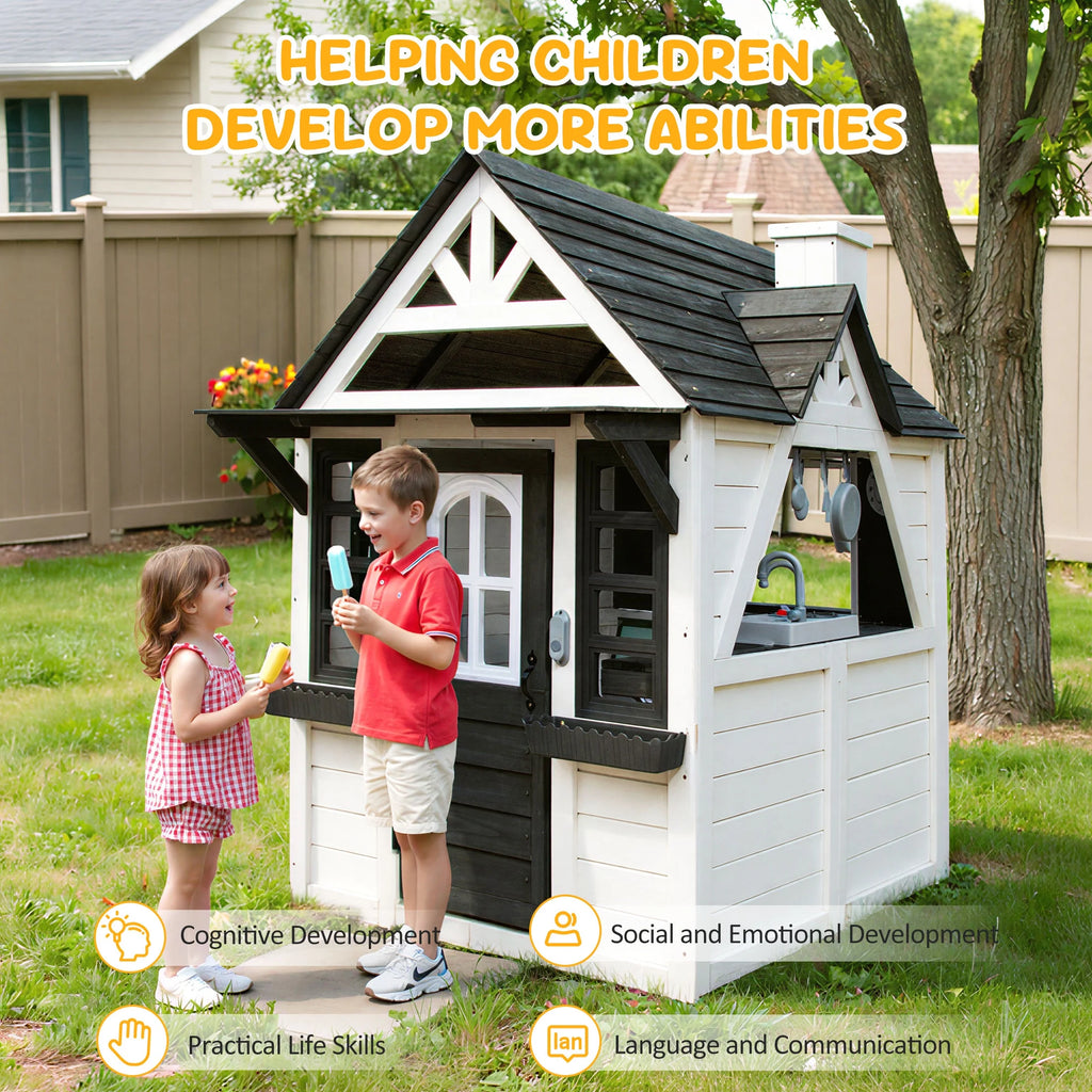 COCLUB Maison de jeu d’extérieur pour enfants de 4 à 8 ans, maison en bois avec sonnette, téléphone et jouets de cuisine, équipement de jeu extérieur pour enfants, maison pour filles (45L x 65H), blanc et noir