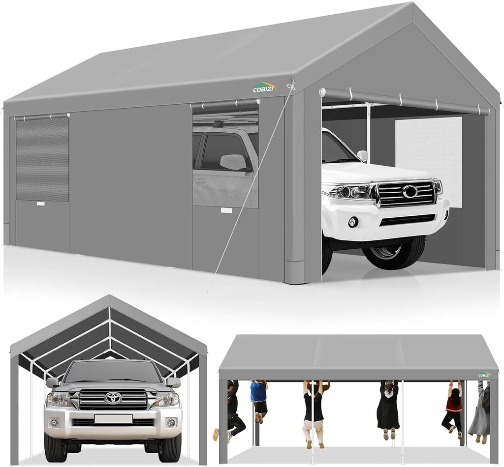 COBIZI Carport 10'x20' Grande tente pour voiture robuste avec structure en acier thermolaqué, garage portable avec parois latérales et portes amovibles, auvent pour voiture avec bâche toutes saisons pour fête en plein air, anniversaire, gris