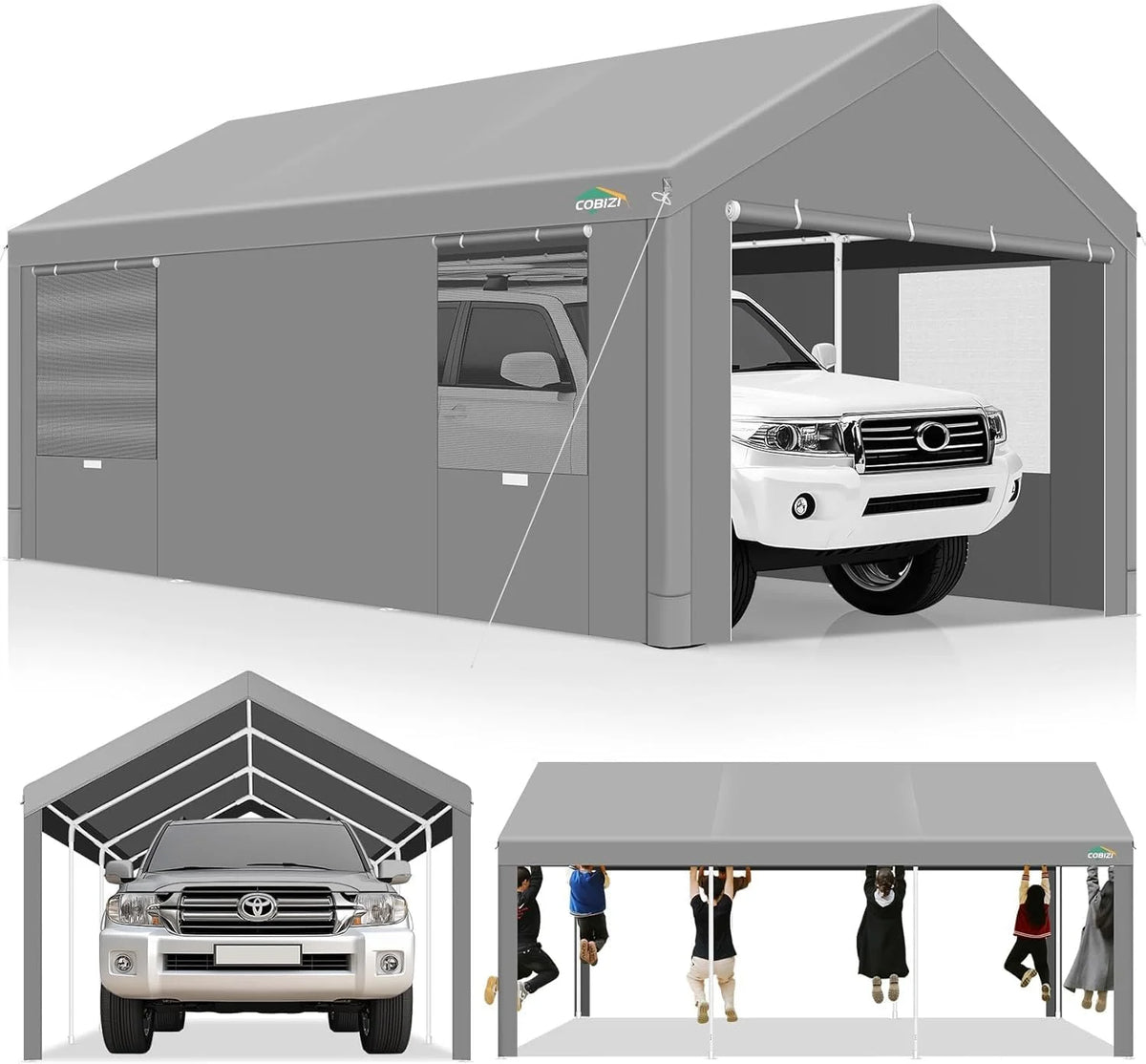 COBIZI Carport 10'x20' Grande tente pour voiture robuste avec structure en acier thermolaqué, garage portable avec parois latérales et portes amovibles, auvent pour voiture avec bâche toutes saisons pour fête en plein air, anniversaire, gris