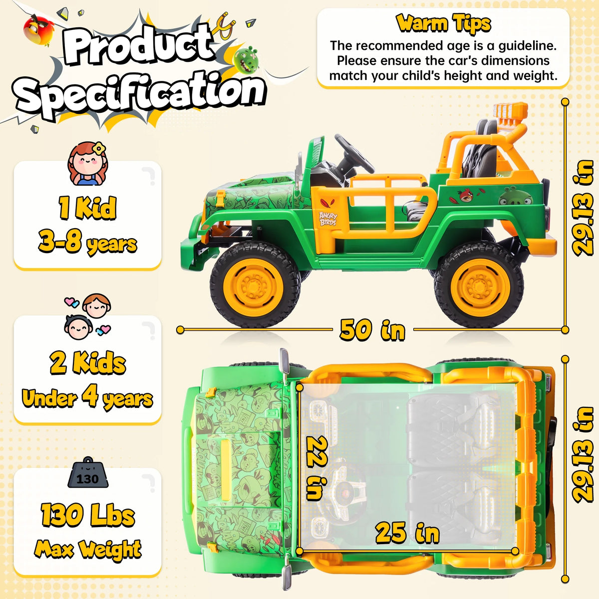Jouets électriques Joyracer 24 volts pour grands enfants, camion sous licence Angry Birds avec télécommande, véhicule électrique 4x4 à 2 places avec pelle, Bluetooth, lumières, roues de voiture électrique, pour enfants de 3 à 8 ans, jusqu’à 59 kg, vert