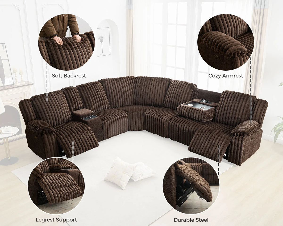 Canapé d’angle inclinable électrique avec chargeur sans fil, 6 places en fausse fourrure avec fauteuils inclinables, porte-gobelets dissimulés, console de rangement, ports USB et Type-C, noir