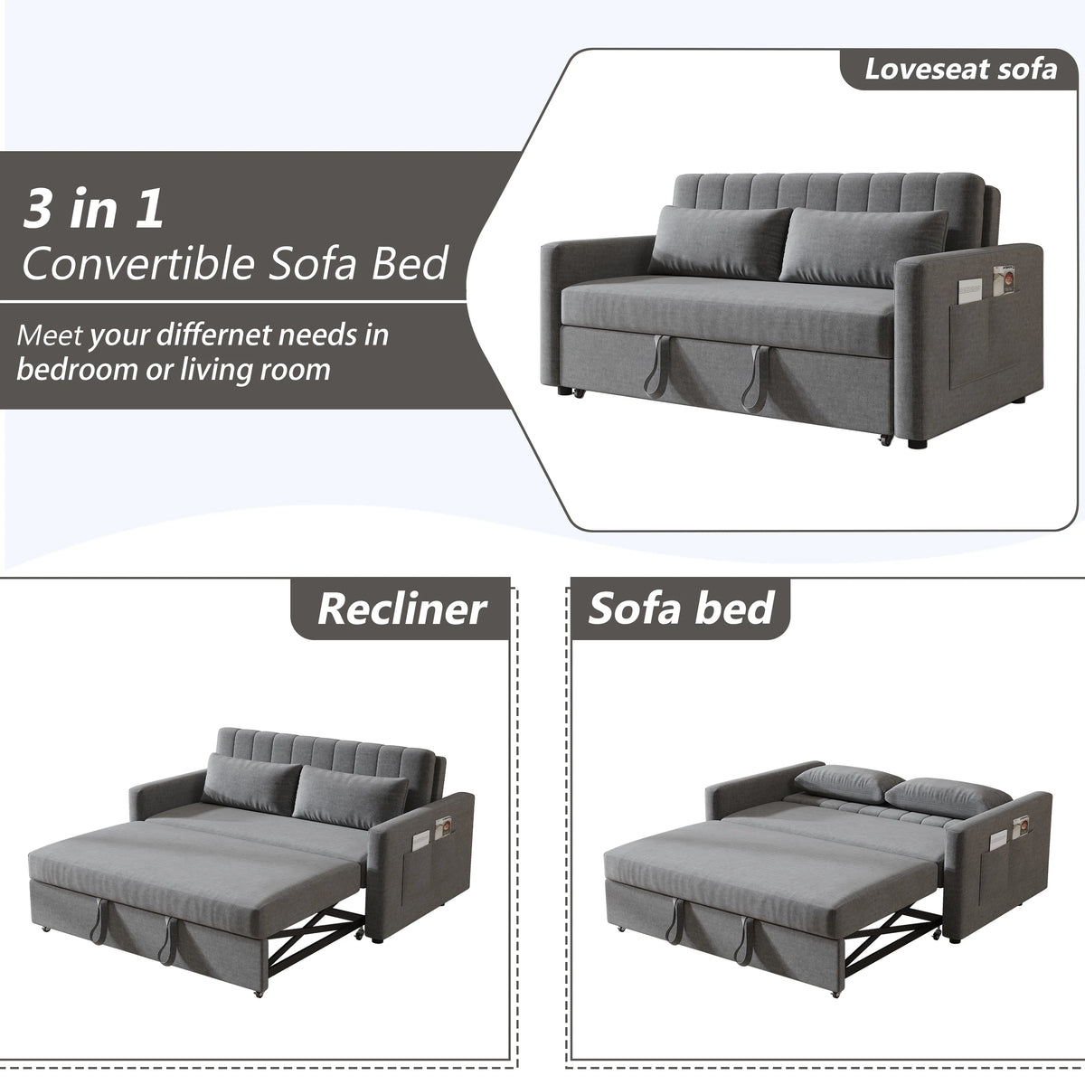Canapé-lit 2 places Noodeniya 54, canapé convertible moderne, causeuse en tissu pour petits espaces, gris clair