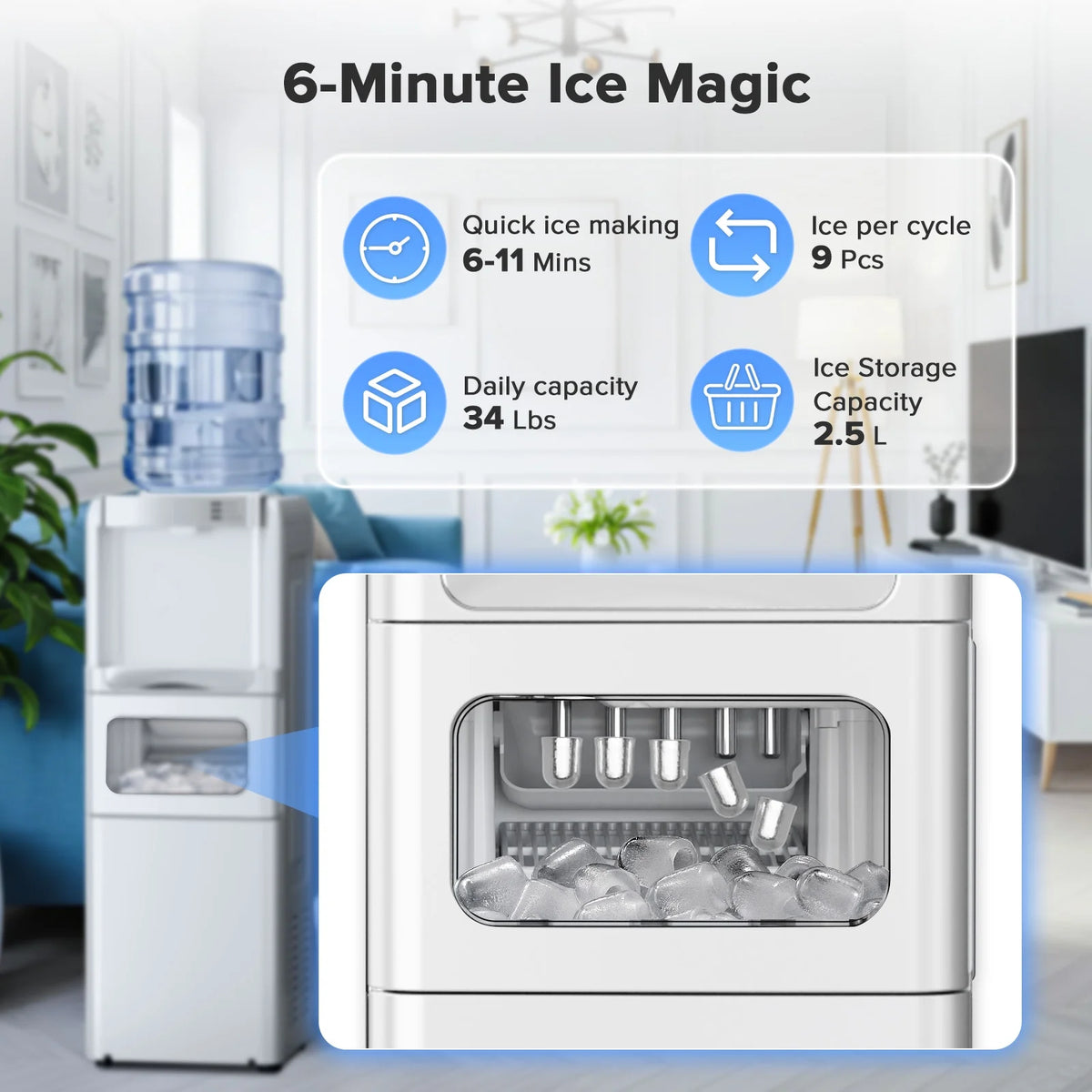 LHRIVER Distributeur d’eau 2-5 gallons & Machine à glaçons 6 min, 3-en-1 Chaud/Froid/Glace, Verrouillage enfant & Économe en énergie, pour Maison/Bureau, Noir