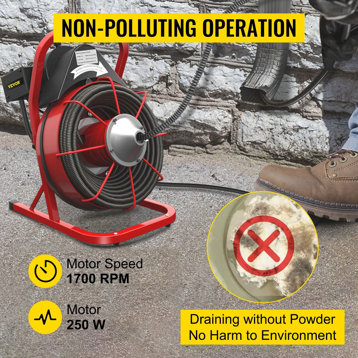 Machine de débouchage VEVORbrand 75 pi x 3/8 po, électrique 250 W, pour 1 à 4 tuyaux, avec foret, coupe-racines et gant