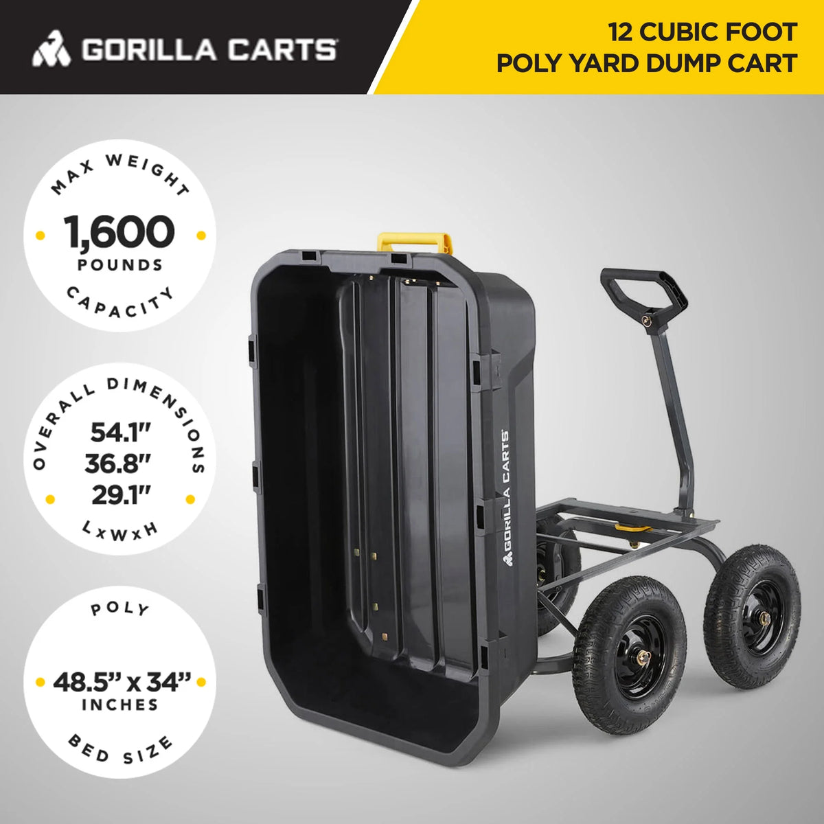 Chariot à benne Gorilla Carts en poly de 12 pi³, avec dispositif de dégagement rapide, capacité de 1 600 lb, noir