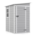 Abri de rangement extérieur Patiowell 5x4 pi, Abri de rangement en résine avec plancher, fenêtre et porte verrouillable pour meubles de patio, outils de jardin et vélo, Blanc