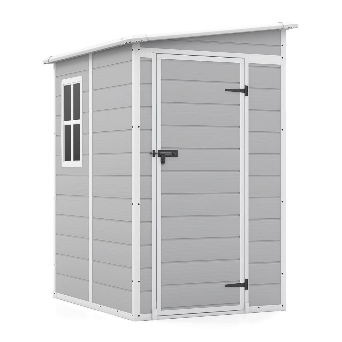 Abri de rangement extérieur Patiowell 5x4 pi, Abri de rangement en résine avec plancher, fenêtre et porte verrouillable pour meubles de patio, outils de jardin et vélo, Blanc