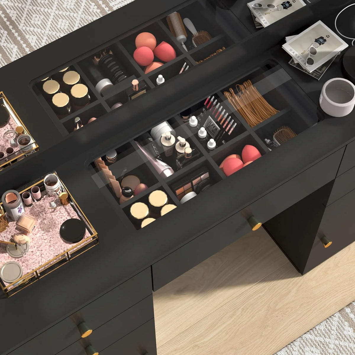 Coiffeuse blanche avec grand miroir lumineux et prise électrique, table de maquillage avec plateau en verre et tiroirs, rangement coulissant, grande coiffeuse de maquillage de 44,1 pour femmes et filles, blanche