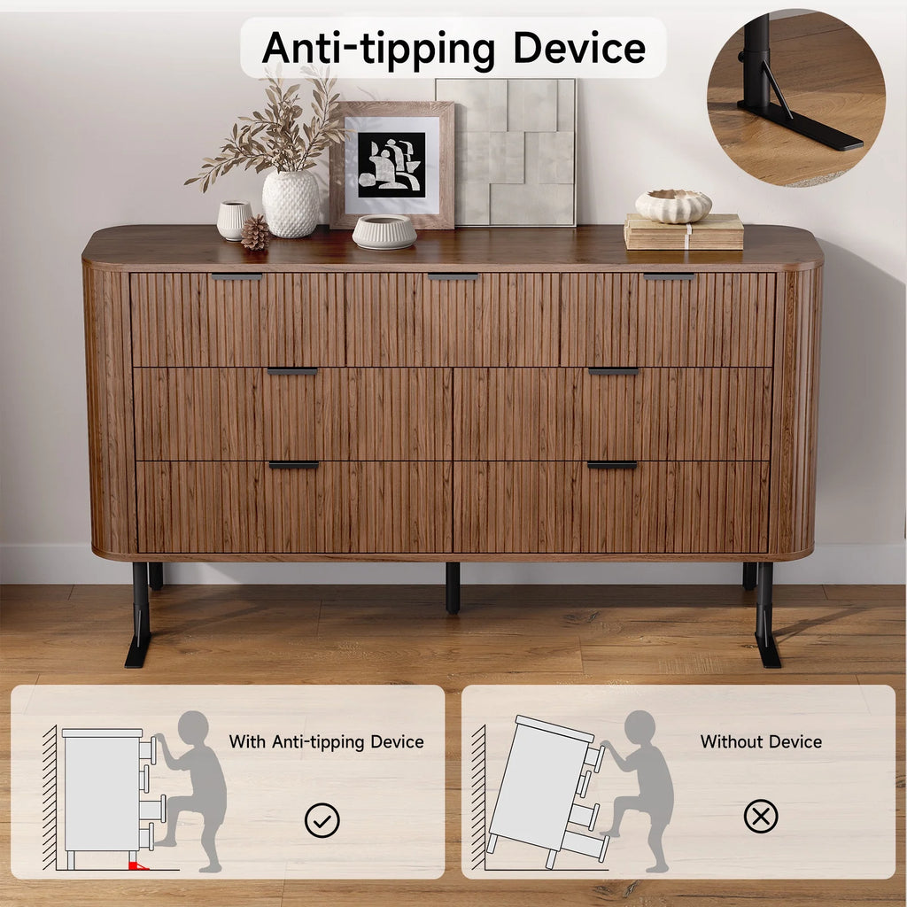 Commode cannelée à 7 tiroirs pour chambre, largeur 60 pouces, moderne, en bois, avec poignées en métal, design aux lignes courbes – Idéale également comme meuble TV pour salon ou couloir, noir