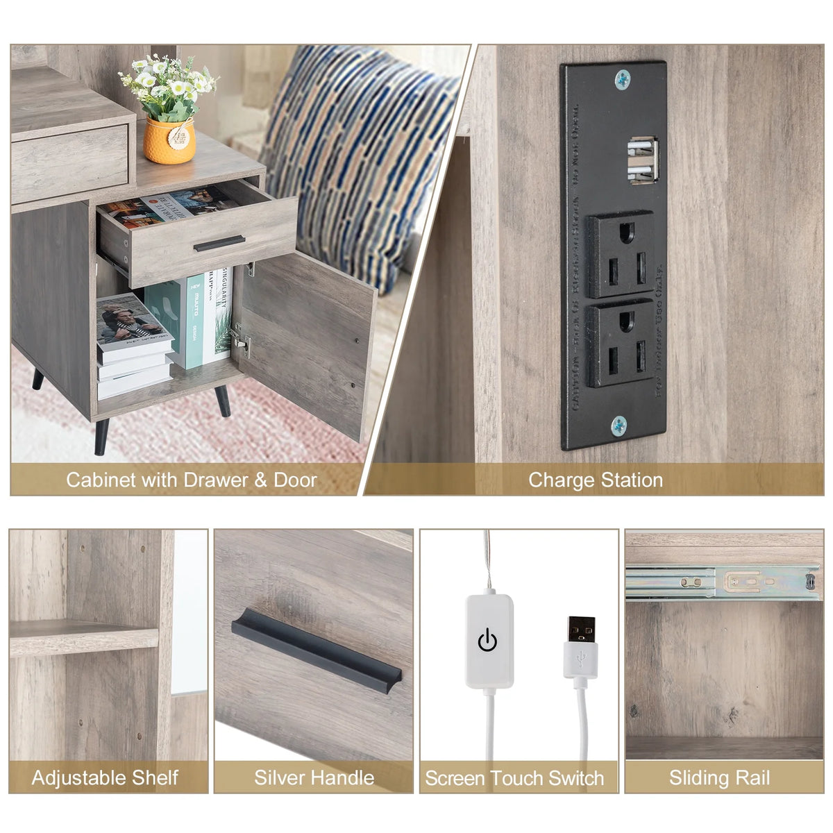 Coiffeuse Ktaxon avec miroir éclairé à 3 couleurs & station de charge, table de maquillage avec 3 étagères de rangement & tiroirs, bureau de toilette avec tabouret, gris rétro