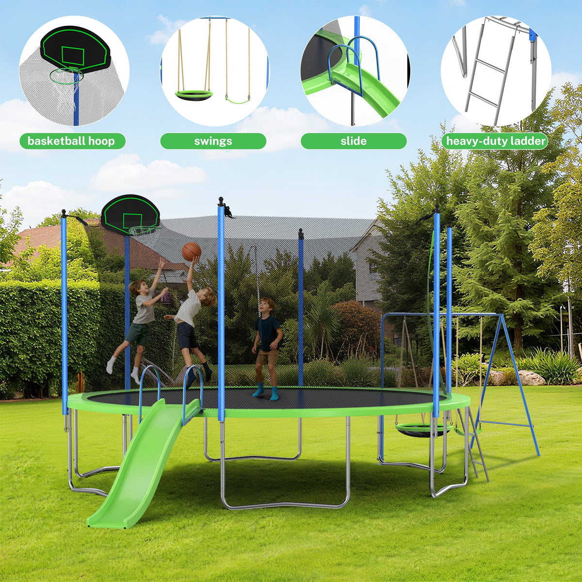 Trampoline de 12 pieds avec toboggan, balançoires, trampoline récréatif SEGMART avec panier de basket et échelle, trampoline d’extérieur robuste pour jardin avec filet pour enfants et adultes, vert